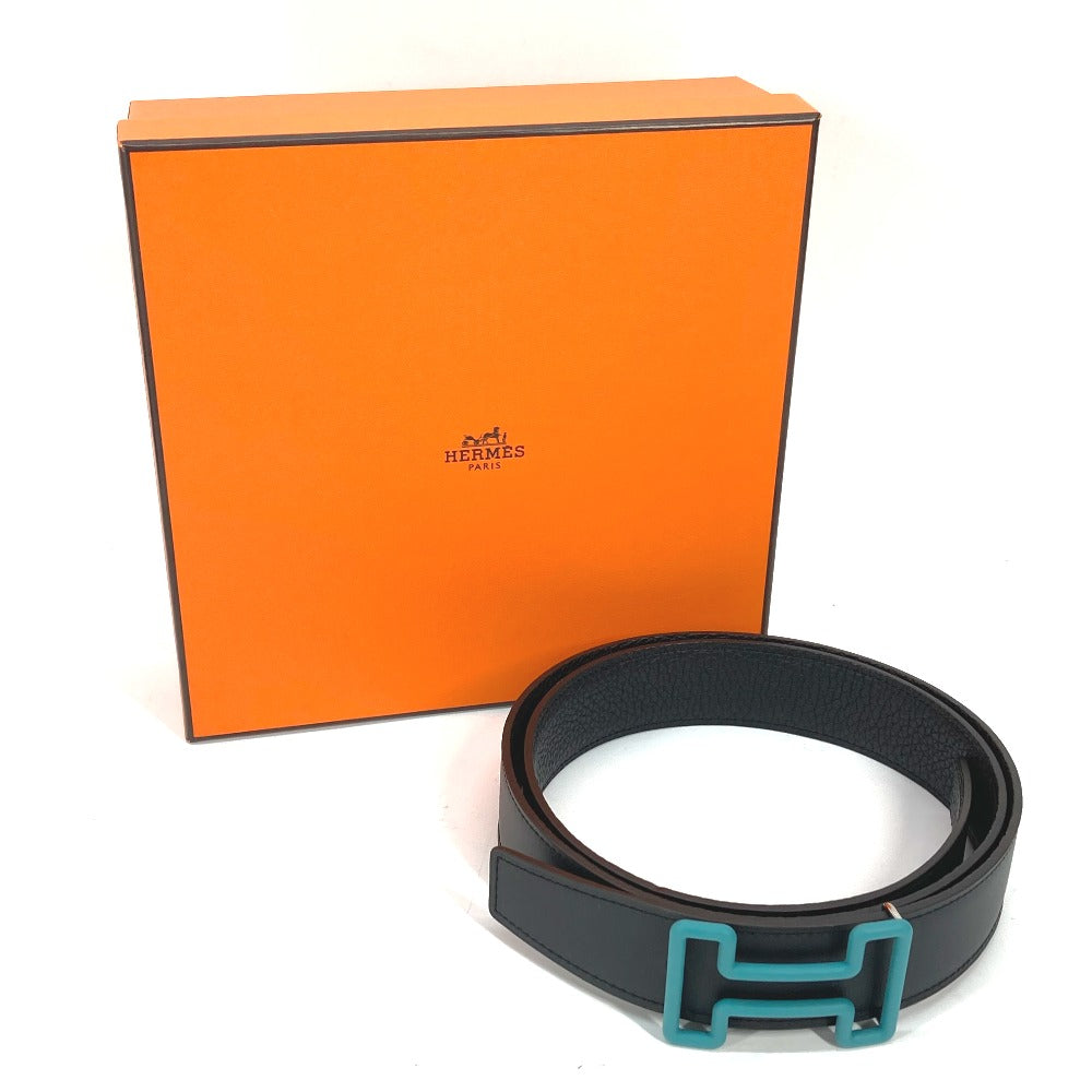 HERMES belt Boxcalf, Togo Black x blue H buckle Tonight mens 90 Used Authentic