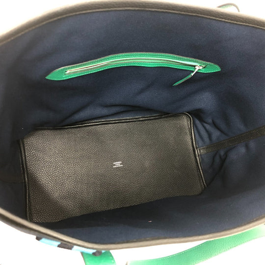 HERMES Tote Bag Toile Militaire, Taurillon Clemence Navy x Blue x Green Pure Sangle Women Secondhand Authentic