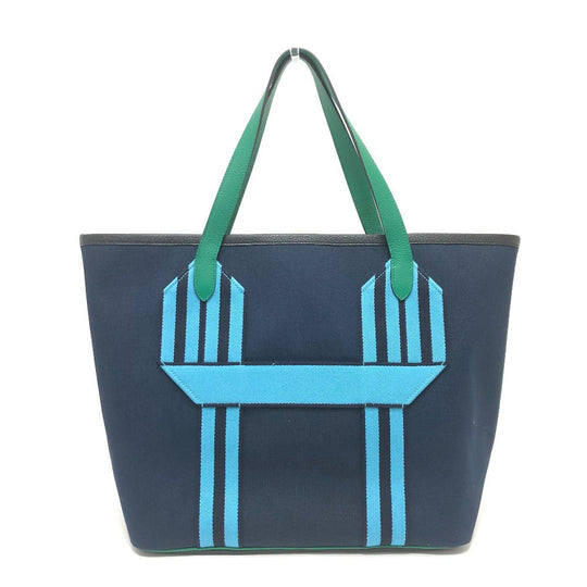 HERMES Tote Bag Toile Militaire, Taurillon Clemence Navy x Blue x Green Pure Sangle Women Secondhand Authentic
