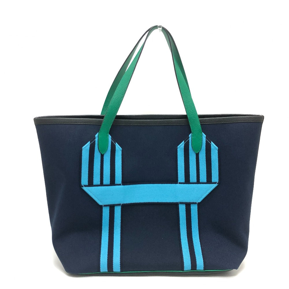 HERMES Tote Bag Toile Militaire, Taurillon Clemence Navy x Blue x Green Pure Sangle Women Secondhand Authentic