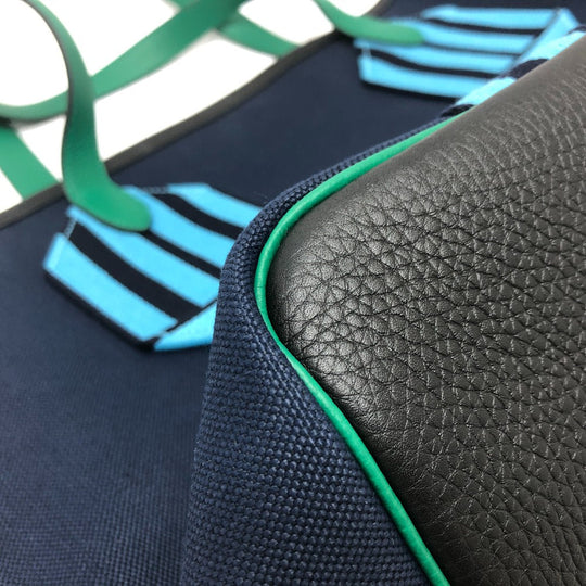 HERMES Tote Bag Toile Militaire, Taurillon Clemence Navy x Blue x Green Pure Sangle Women Secondhand Authentic
