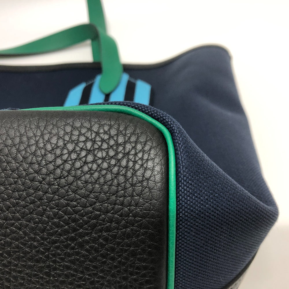 HERMES Tote Bag Toile Militaire, Taurillon Clemence Navy x Blue x Green Pure Sangle Women Secondhand Authentic