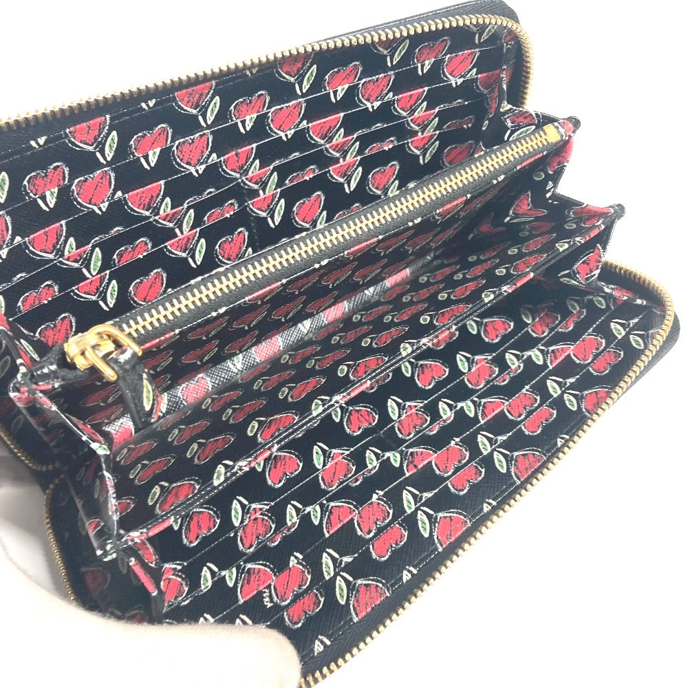 PRADA Long Wallet Purse 1ML506 saffiano leather black logo Heart Bicolor Women Used Authentic