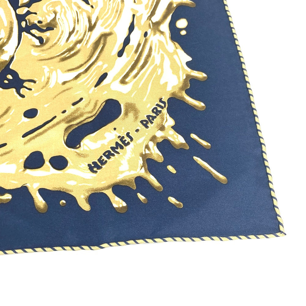 HERMES scarf silk Navy x gold gavroche PEINTURE FRAICHE Freshly painted