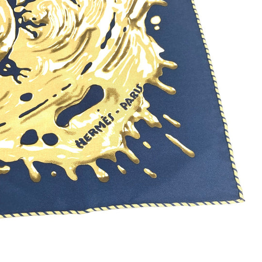 HERMES scarf silk Navy x gold gavroche PEINTURE FRAICHE Freshly painted