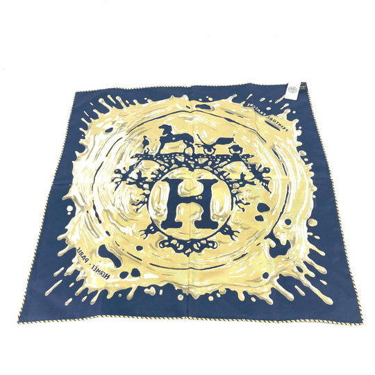HERMES scarf silk Navy x gold gavroche PEINTURE FRAICHE Freshly painted