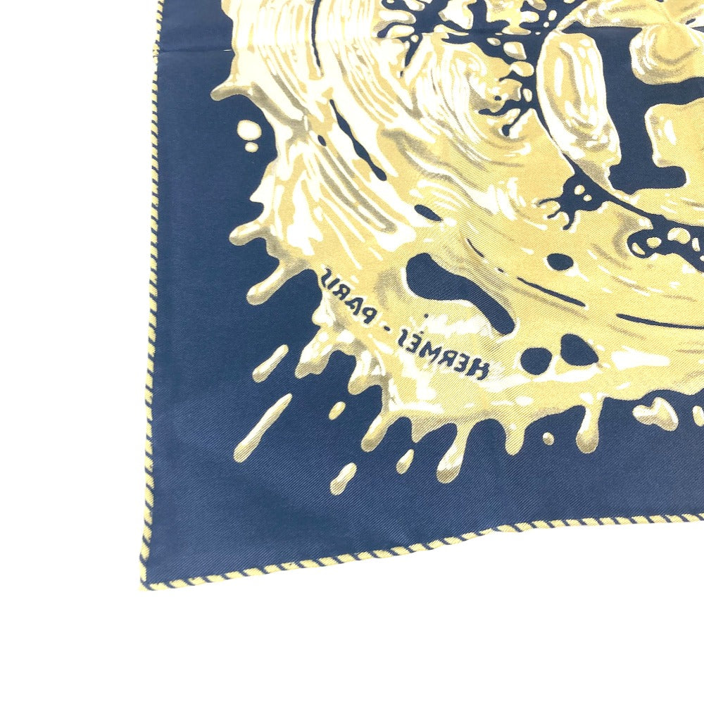 HERMES scarf silk Navy x gold gavroche PEINTURE FRAICHE Freshly painted
