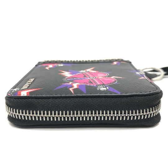 PRADA Folded wallet 2ML221 saffiano leather Black x pink Studs with strap and key ring Frankenheart Women Secondhand Authentic