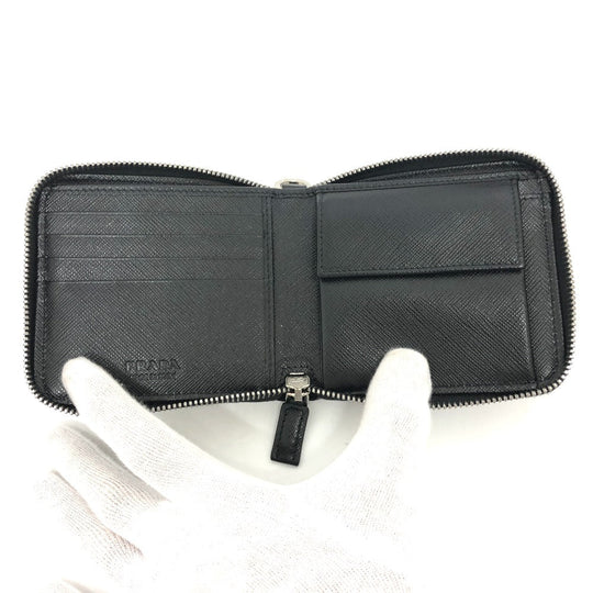 PRADA Folded wallet 2ML221 saffiano leather Black x pink Studs with strap and key ring Frankenheart Women Secondhand Authentic