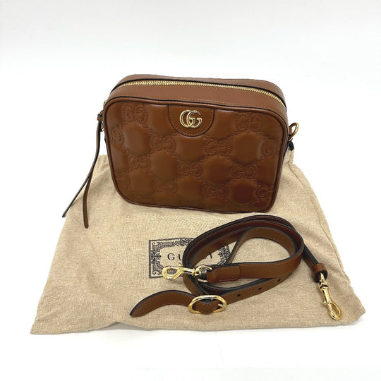 GUCCI Shoulder Bag 702234 leather Brown GG Matelasse Double G Small Women Used Authentic