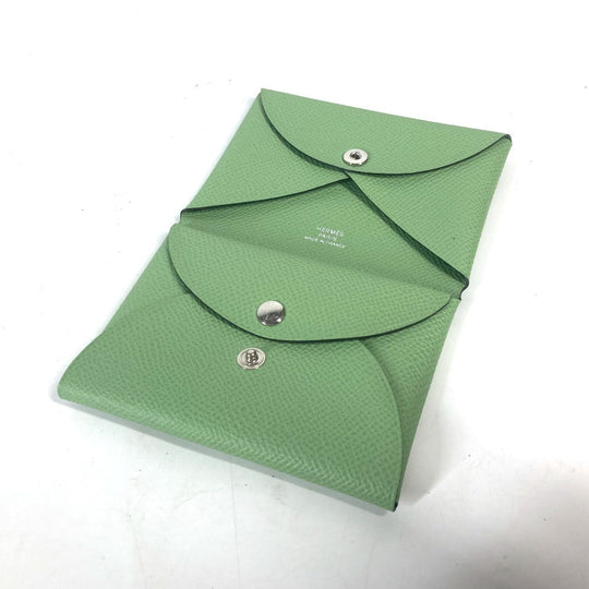 HERMES Coin case Epsom green Bifold Wallet Slim Calvi duo Women(Unisex) Used Authentic
