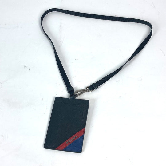 PRADA Card Case 2MC016 saffiano leather black logo Neck Holder Neck With Strap mens Used Authentic