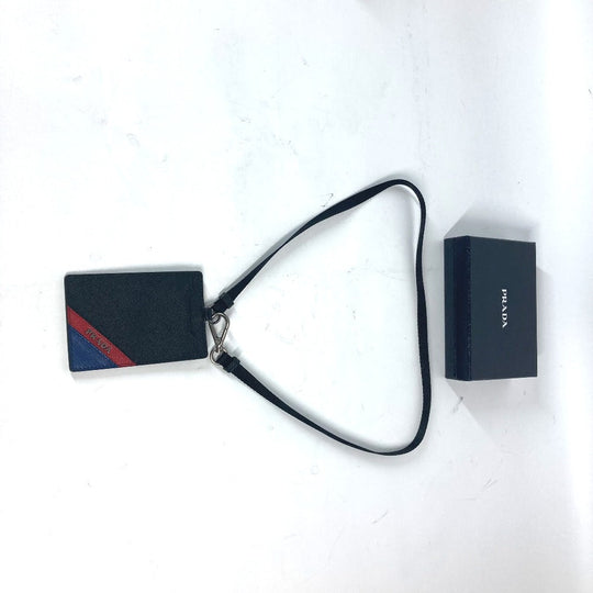 PRADA Card Case 2MC016 saffiano leather black logo Neck Holder Neck With Strap mens Used Authentic
