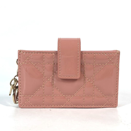 Dior Card Case Patent leather pink Canage logo charm Lady Dior Women Used Authentic