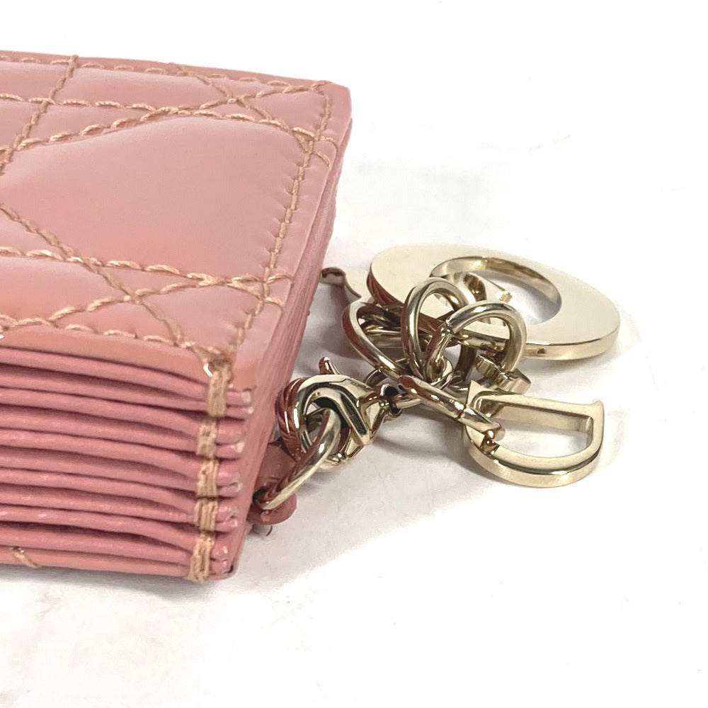 Dior Card Case Patent leather pink Canage logo charm Lady Dior Women Used Authentic