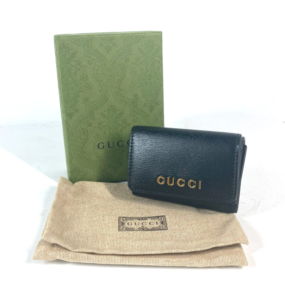 GUCCI Trifold wallet 790100 leather black logo Script Wallet Women Used Authentic