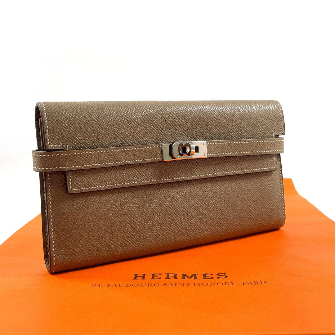 HERMES Long Wallet Purse Epsom Brown Kelly wallet Women Used Authentic