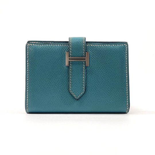 HERMES Bifold Wallet Epsom blue Card Case Bearn Mini Women Used Authentic