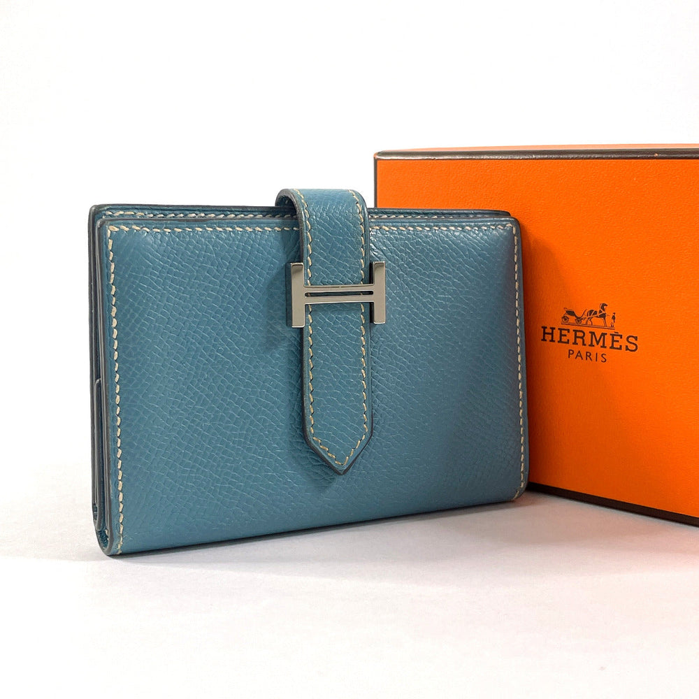 HERMES Bifold Wallet Epsom blue Card Case Bearn Mini Women Used Authentic