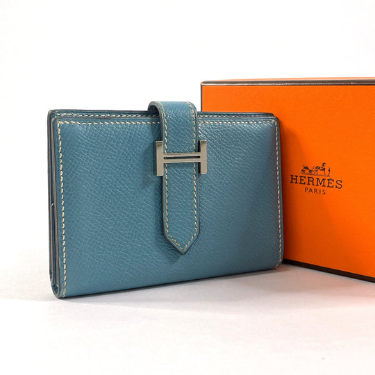 HERMES Bifold Wallet Epsom blue Card Case Bearn Mini Women Used Authentic