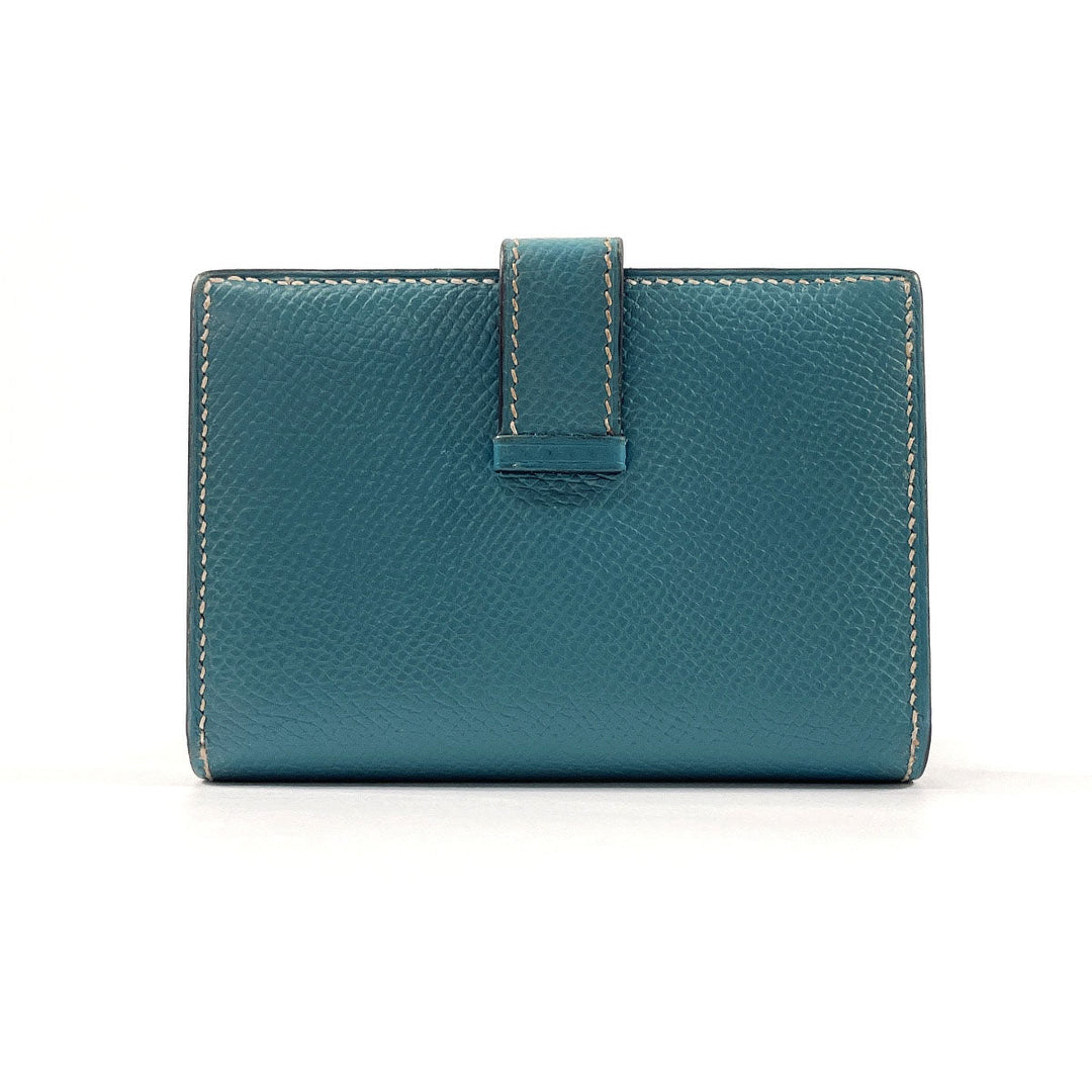 HERMES Bifold Wallet Epsom blue Card Case Bearn Mini Women Used Authentic