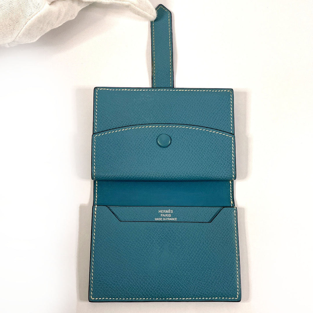HERMES Bifold Wallet Epsom blue Card Case Bearn Mini Women Used Authentic