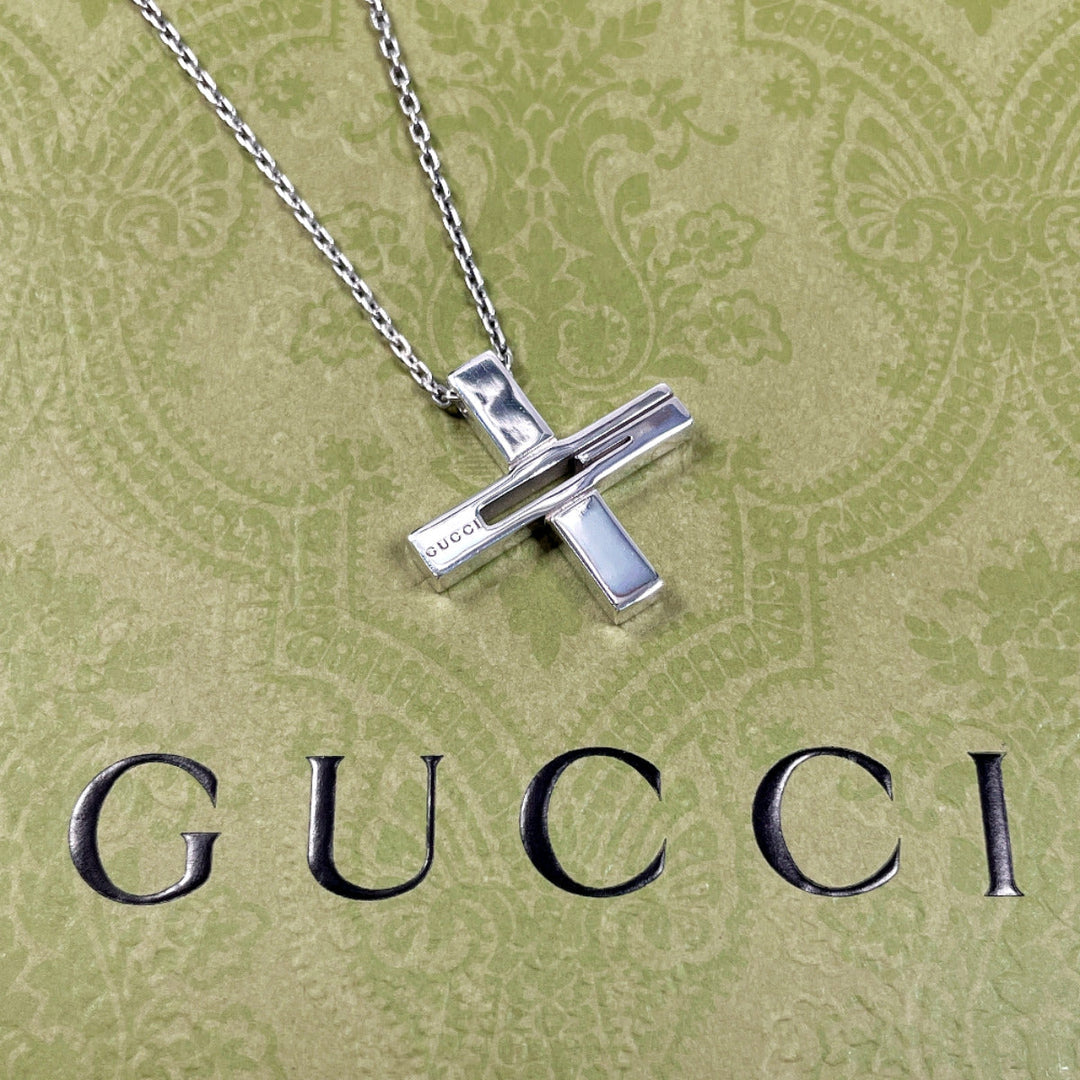 GUCCI Necklace Silver925 Silver Cross Cutout G unisex Used Authentic