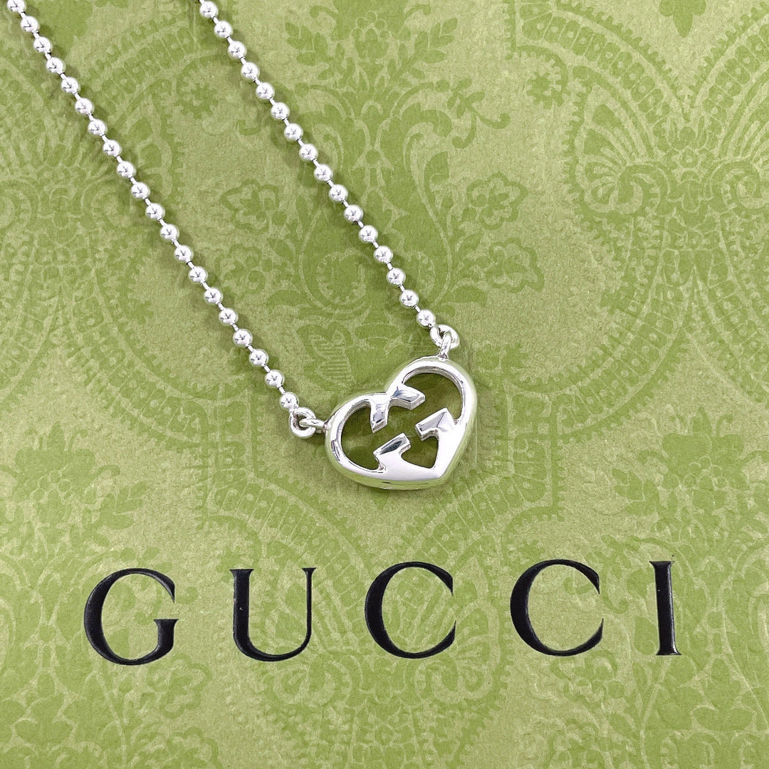 GUCCI Necklace Silver925 Silver Ball chain Interlocking G heart Women Used Authentic