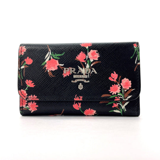 PRADA Key case Key holder  1PG222 Safiano leather black Flower motif Women Used Authentic