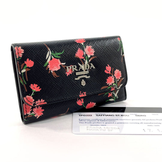 PRADA Key case Key holder  1PG222 Safiano leather black Flower motif Women Used Authentic