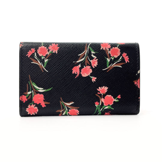 PRADA Key case Key holder  1PG222 Safiano leather black Flower motif Women Used Authentic