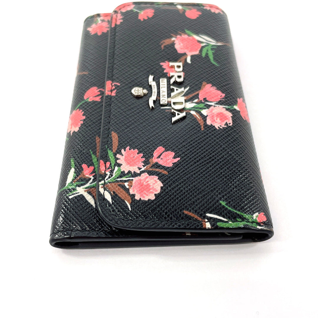 PRADA Key case Key holder  1PG222 Safiano leather black Flower motif Women Used Authentic
