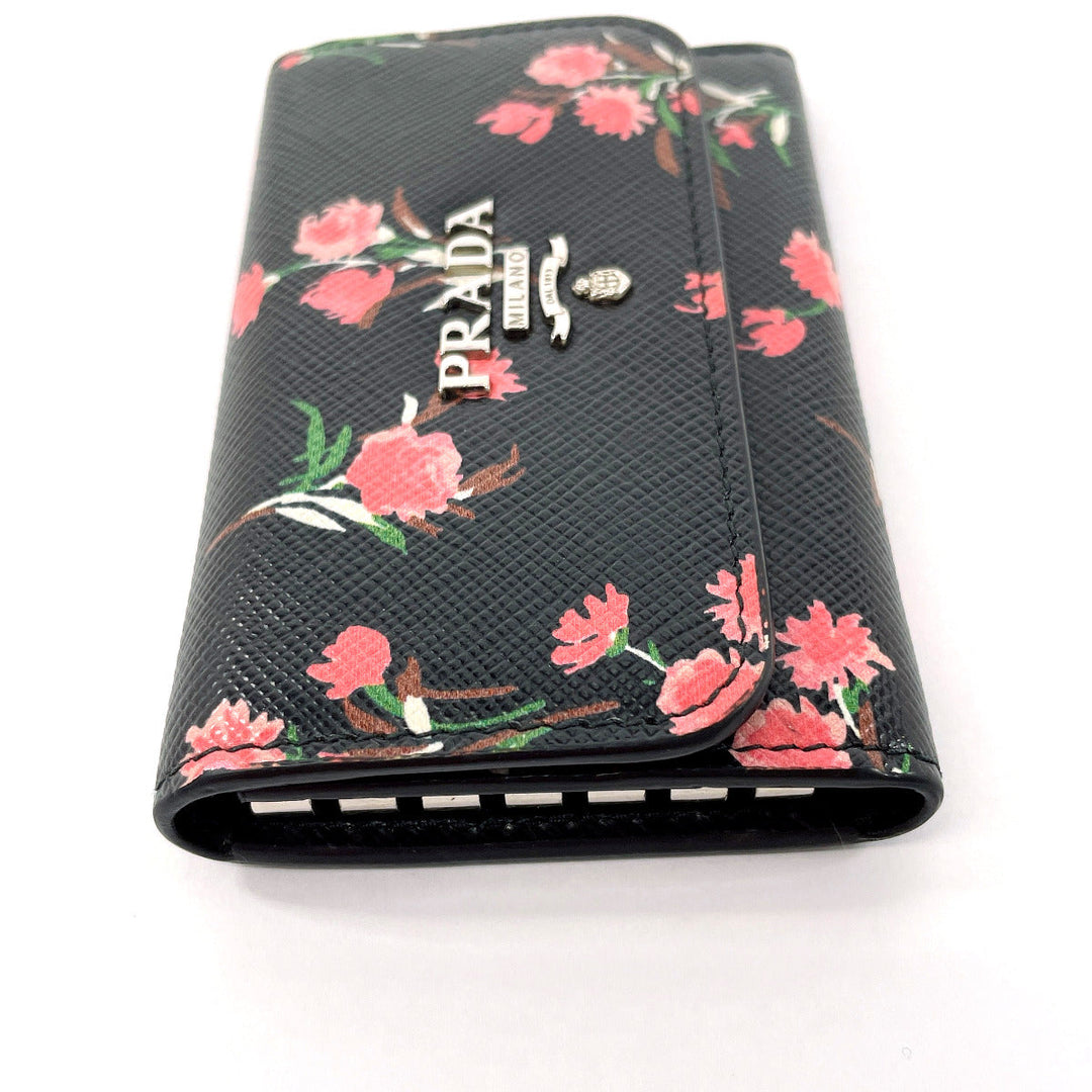 PRADA Key case Key holder  1PG222 Safiano leather black Flower motif Women Used Authentic