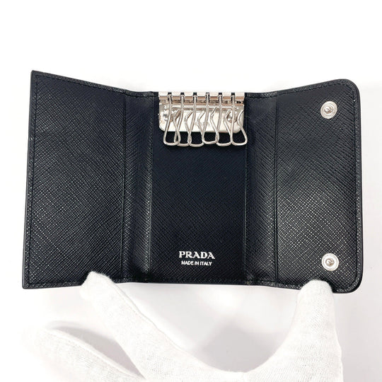 PRADA Key case Key holder  1PG222 Safiano leather black Flower motif Women Used Authentic