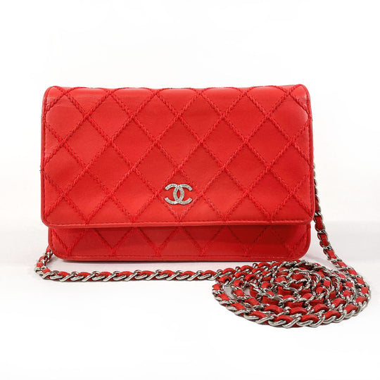 CHANEL Long Wallet Purse lambskin Red Ultra Stitch Chain wallet Women Used Authentic