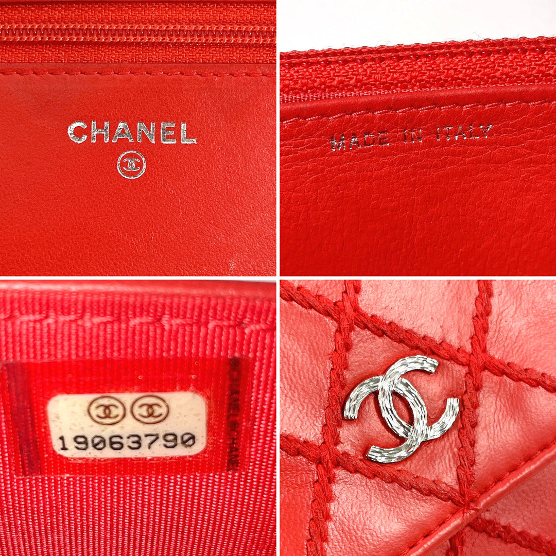 CHANEL Long Wallet Purse lambskin Red Ultra Stitch Chain wallet Women Used Authentic