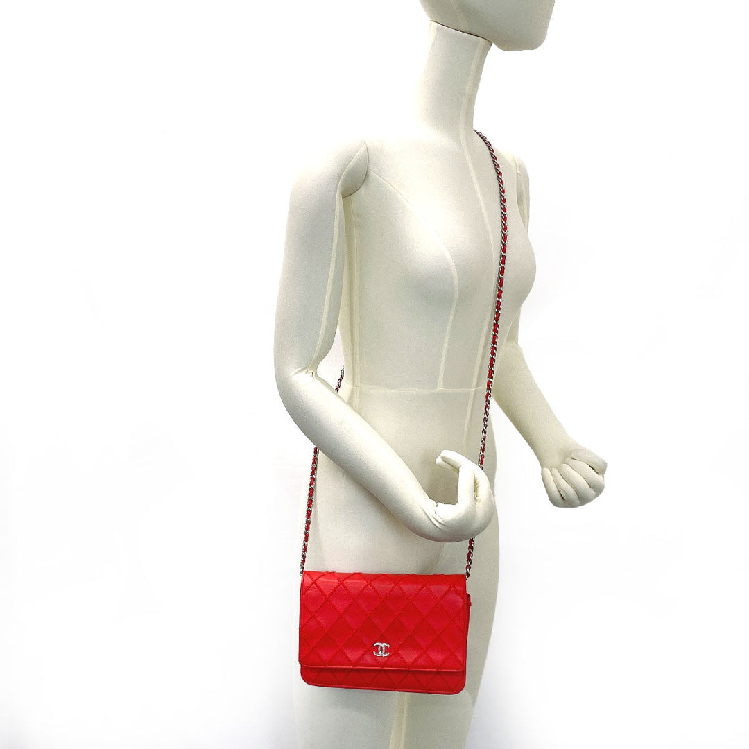 CHANEL Long Wallet Purse lambskin Red Ultra Stitch Chain wallet Women Used Authentic