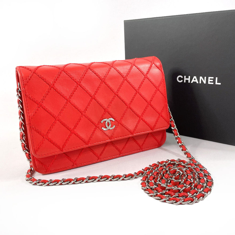 CHANEL Long Wallet Purse lambskin Red Ultra Stitch Chain wallet Women Used Authentic