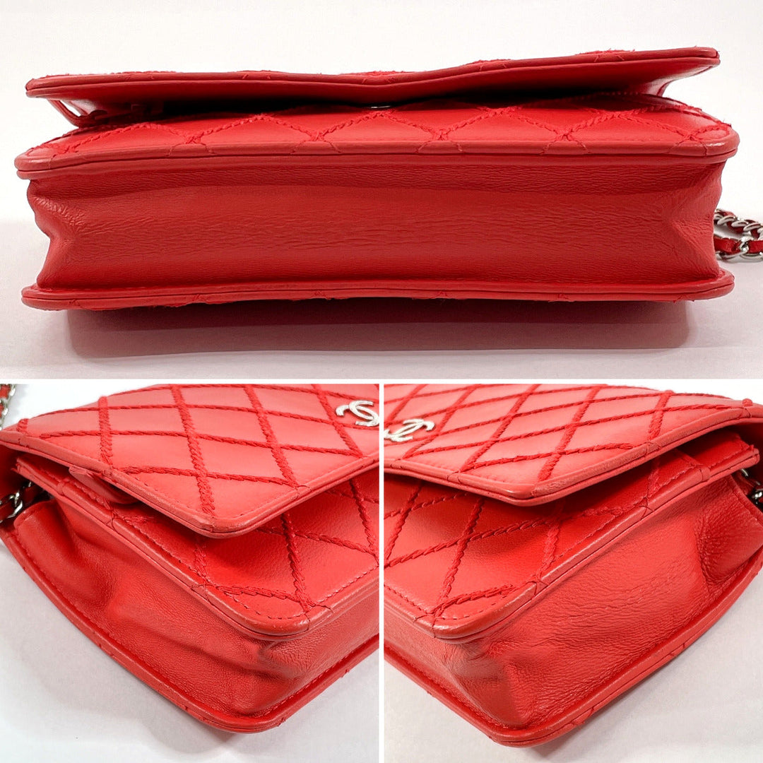 CHANEL Long Wallet Purse lambskin Red Ultra Stitch Chain wallet Women Used Authentic