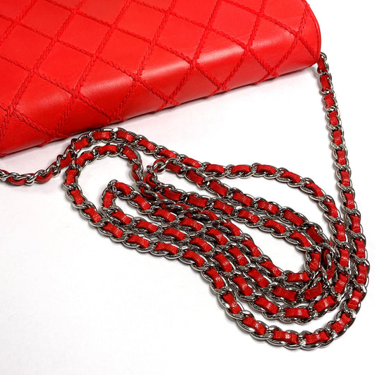 CHANEL Long Wallet Purse lambskin Red Ultra Stitch Chain wallet Women Used Authentic