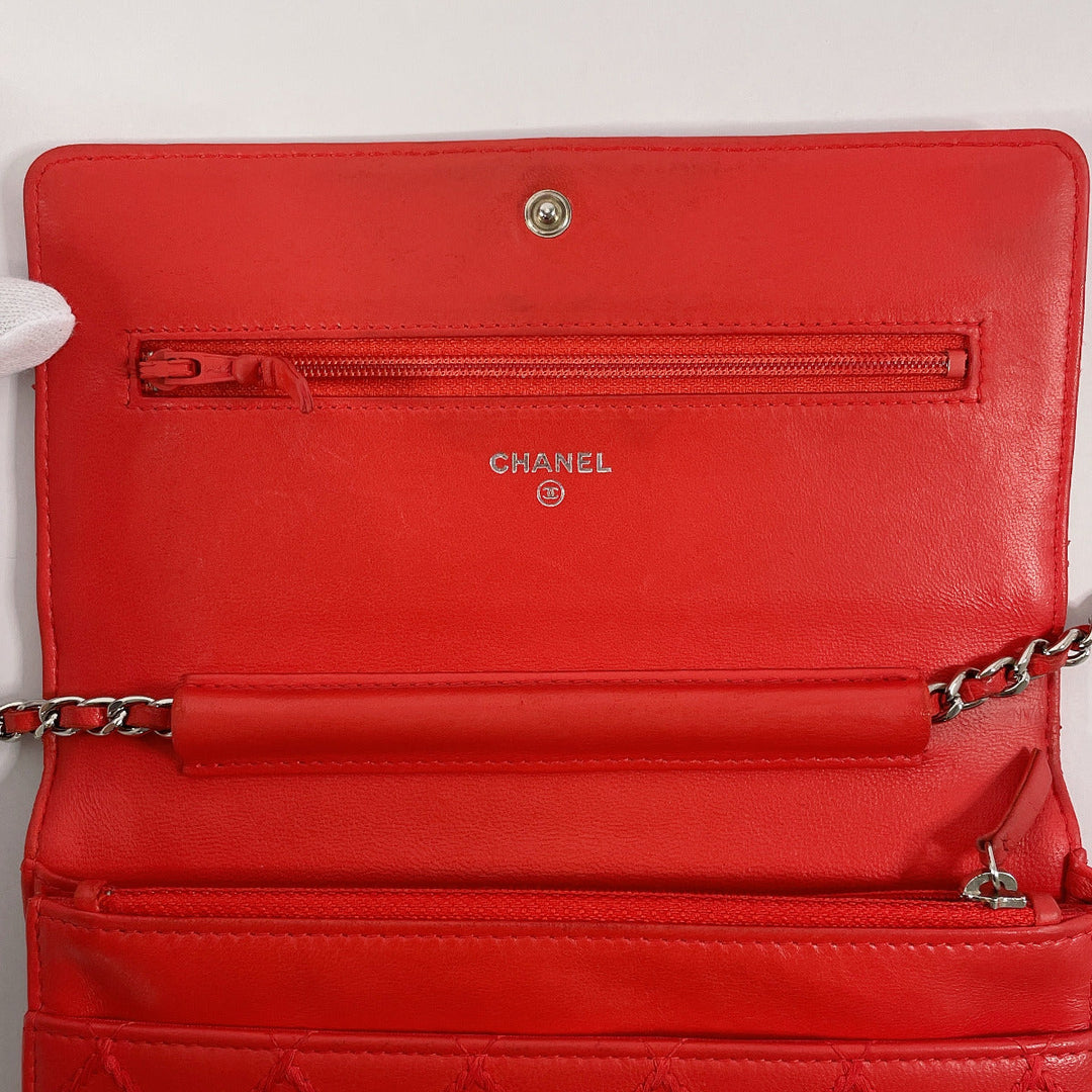 CHANEL Long Wallet Purse lambskin Red Ultra Stitch Chain wallet Women Used Authentic