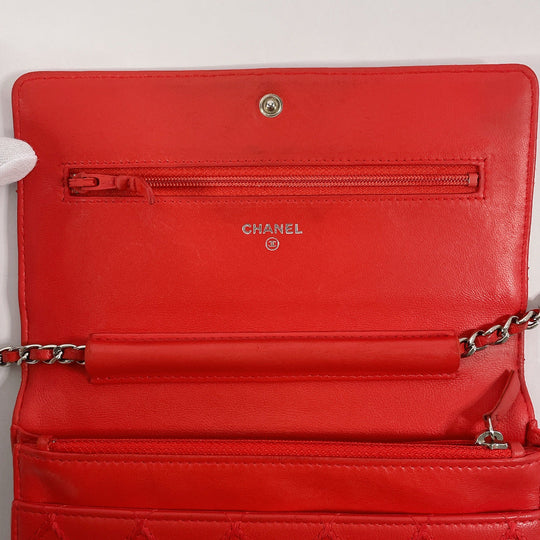 CHANEL Long Wallet Purse lambskin Red Ultra Stitch Chain wallet Women Used Authentic