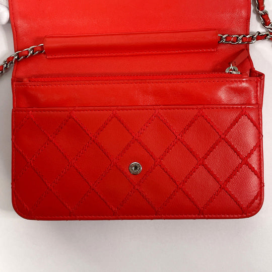 CHANEL Long Wallet Purse lambskin Red Ultra Stitch Chain wallet Women Used Authentic