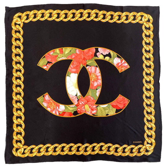 CHANEL scarf silk black Chain Flower COCO Mark