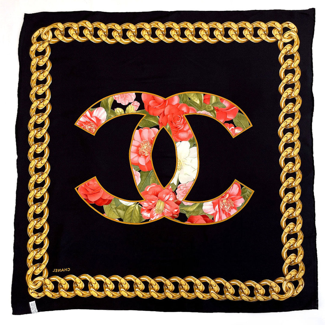 CHANEL scarf silk black Chain Flower COCO Mark