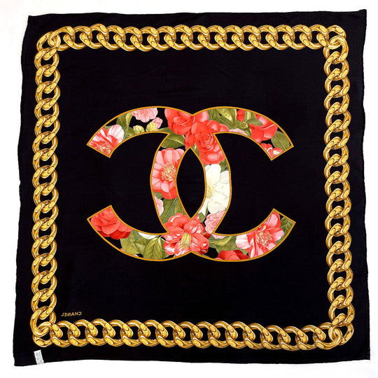 CHANEL scarf silk black Chain Flower COCO Mark