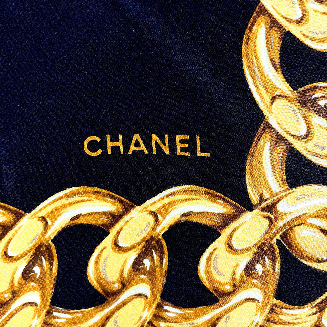 CHANEL scarf silk black Chain Flower COCO Mark