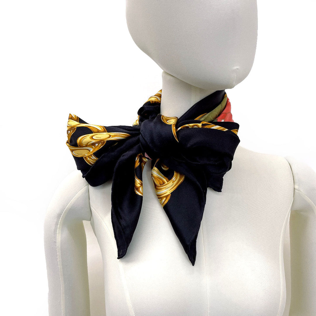 CHANEL scarf silk black Chain Flower COCO Mark
