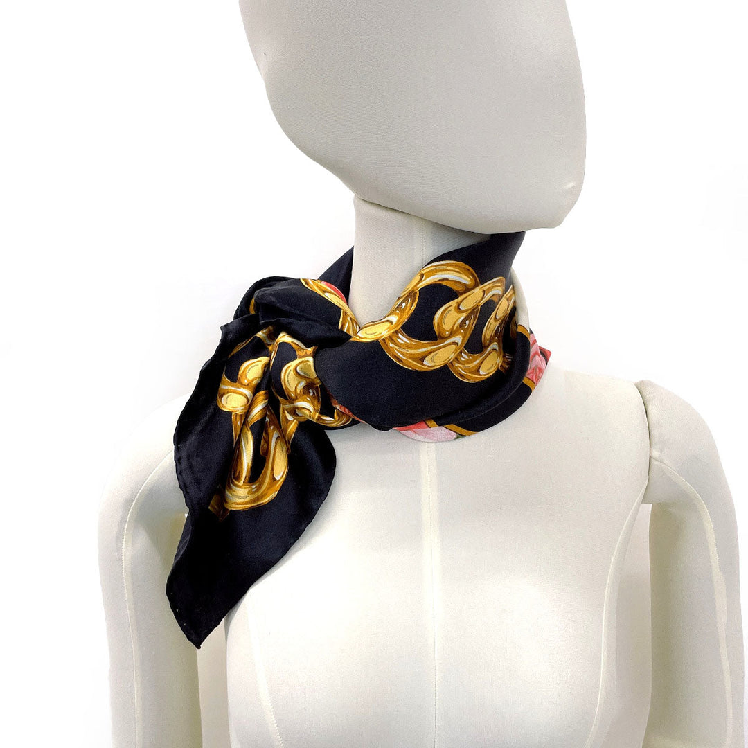 CHANEL scarf silk black Chain Flower COCO Mark