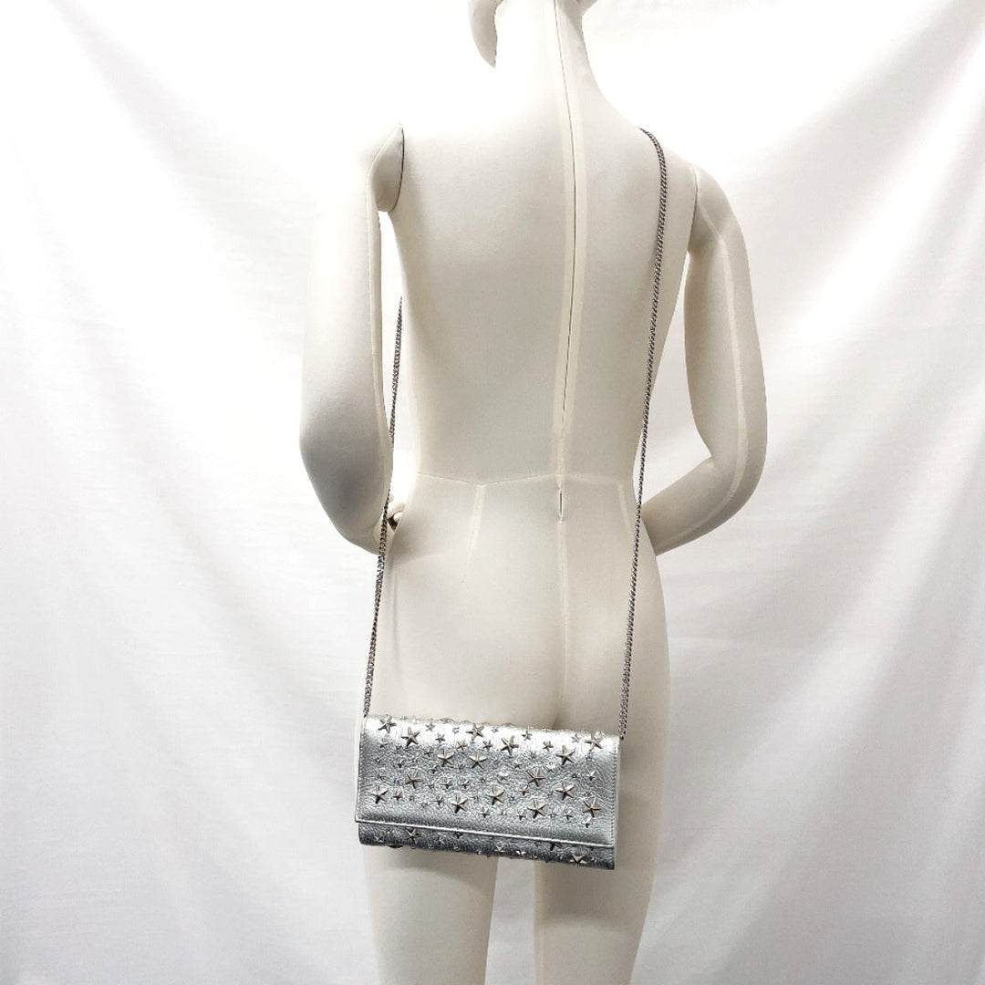 JIMMY CHOO Long Wallet Purse leather Silver Star studs Chain wallet Women Used Authentic